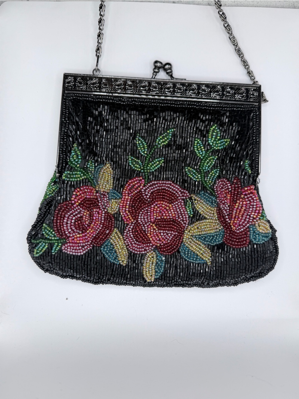 Nicole Lee Black Beaded Floral Rose Evening Bag Chain Purse